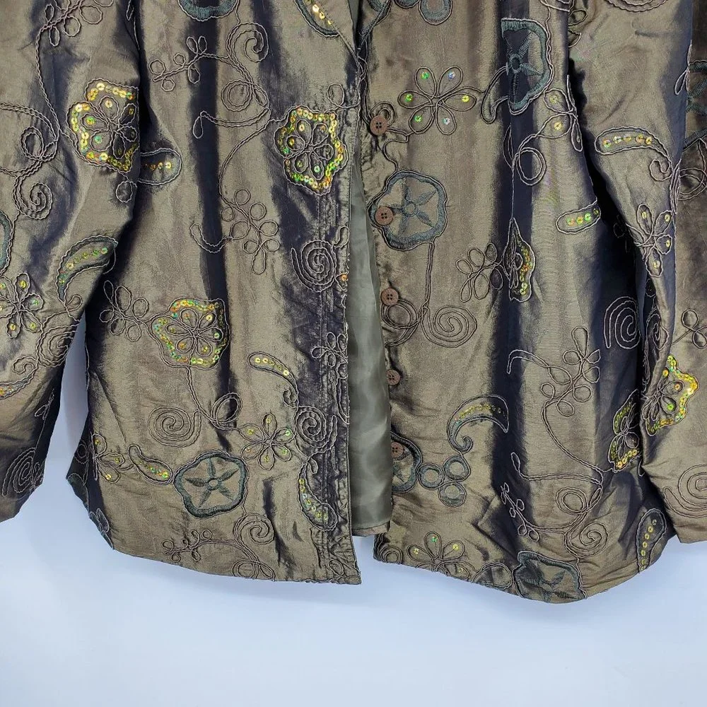 Susan Graver Style Green Floral Print Sequin Blazer Light Suit‎ Coat Large